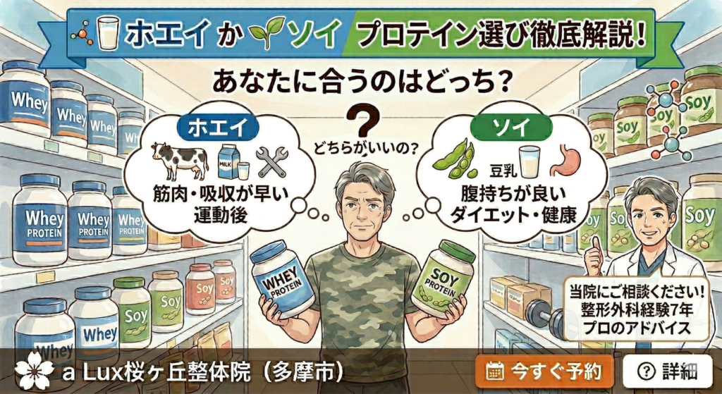 プロテイン選びに迷っていませんか？「ホエイ」と「ソイ」の違いと、痛みに負けない身体づくりの正解
