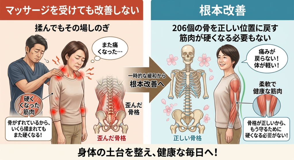 揉んでも治らない腰痛や肩こり。本当の原因は「筋肉」ではなく「骨格」にあります